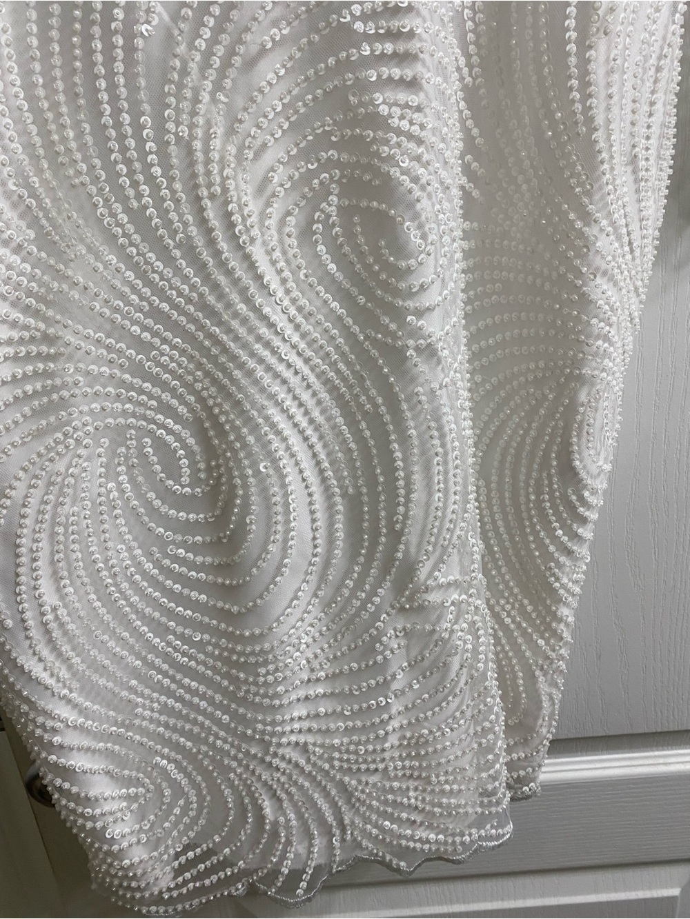 Vintage Elegant White Swirl Sequin Beaded Midi Formal Dress Long Sheer Sleeves M - Picture 9 of 16